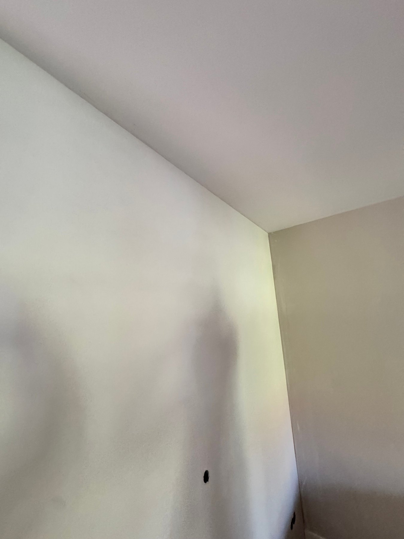 Vers gepleisterde wand en plafond, nog nat en grijs, met het licht dat langs het stucwerk valt